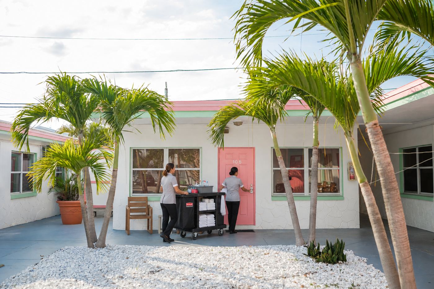 Housekeepers with a linen cart opening the pink door of room 106