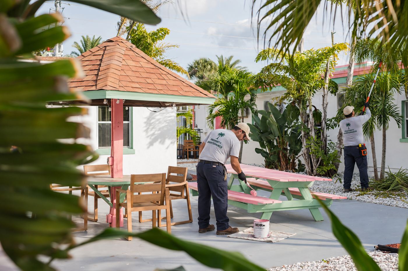 Maintenance crew painting a picnic table pink and trimming palms in a motel courtyard