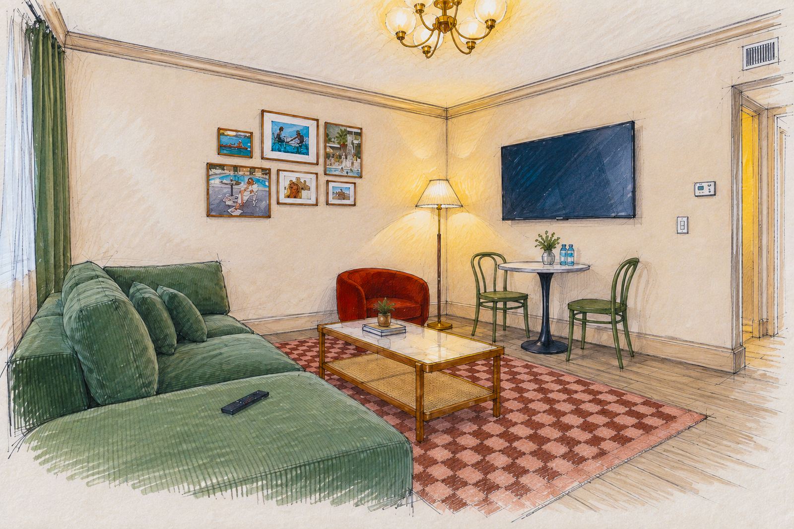 Concept rendering: green corduroy sofa, red armchair, checkered rug, gallery wall and bistro table